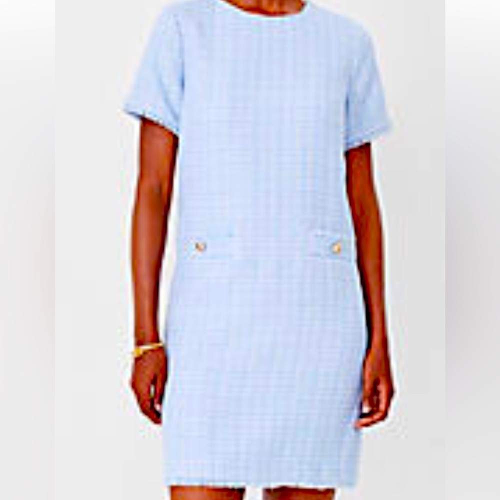 Ann Taylor Petite Tweed Button Pocket Shift Dress NWT SZ 2P Ice Blue